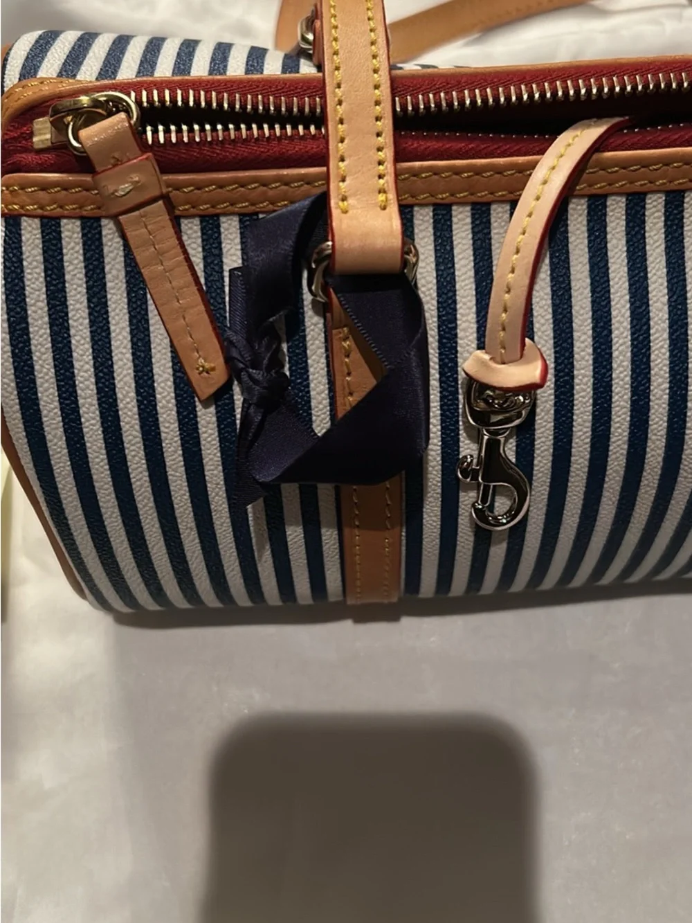 Dooney & Bourke Blue and White Striped Satchel with Tan Trim